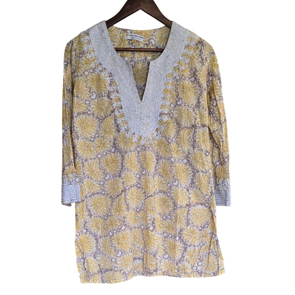 Roberta Roller Rabbit Cotton Floral Tunic Top Metallic Silver Trim Split Neck